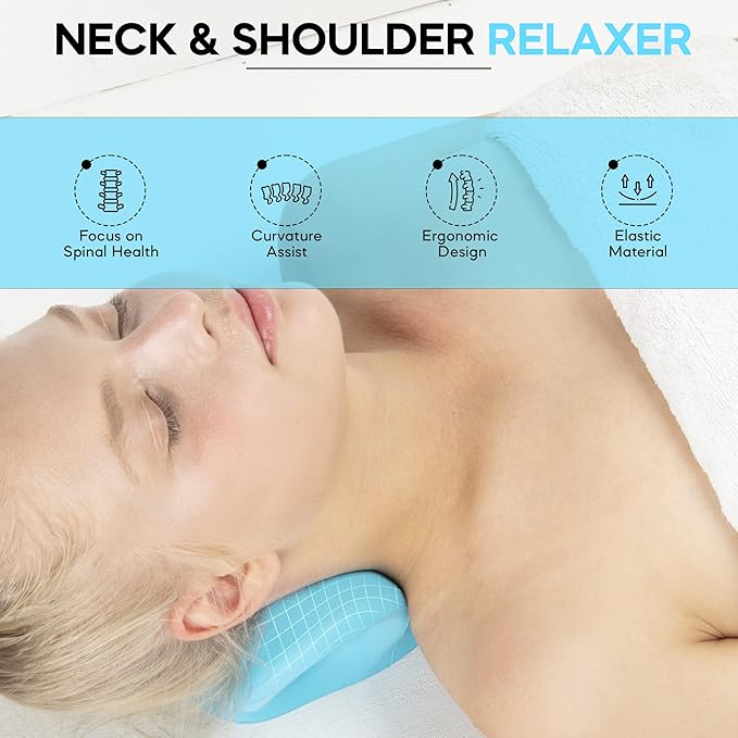 Neck Stretcher Cervical Traction, Neck and Shoulder Relaxer for Pain Relief, Ergonomic Neck Pillow, Neck Hump Corrector, Cervical Spine Alignment, Neck Curve Corrector (Light Blue)