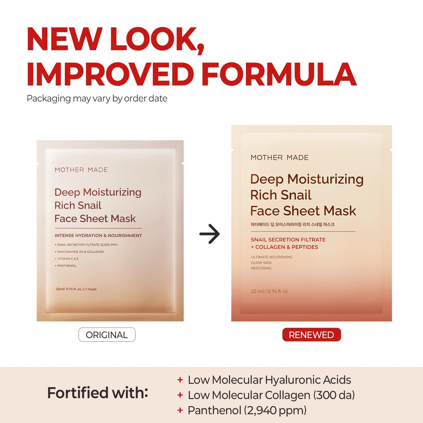 MOTHER MADE Deep Moisturizing Rich Snail Collagen Face Sheet Mask Pack of 5, with Snail Mucin, Low Molecular Collagens, Peptides, Niacinamide 2%, Korean Skin Care