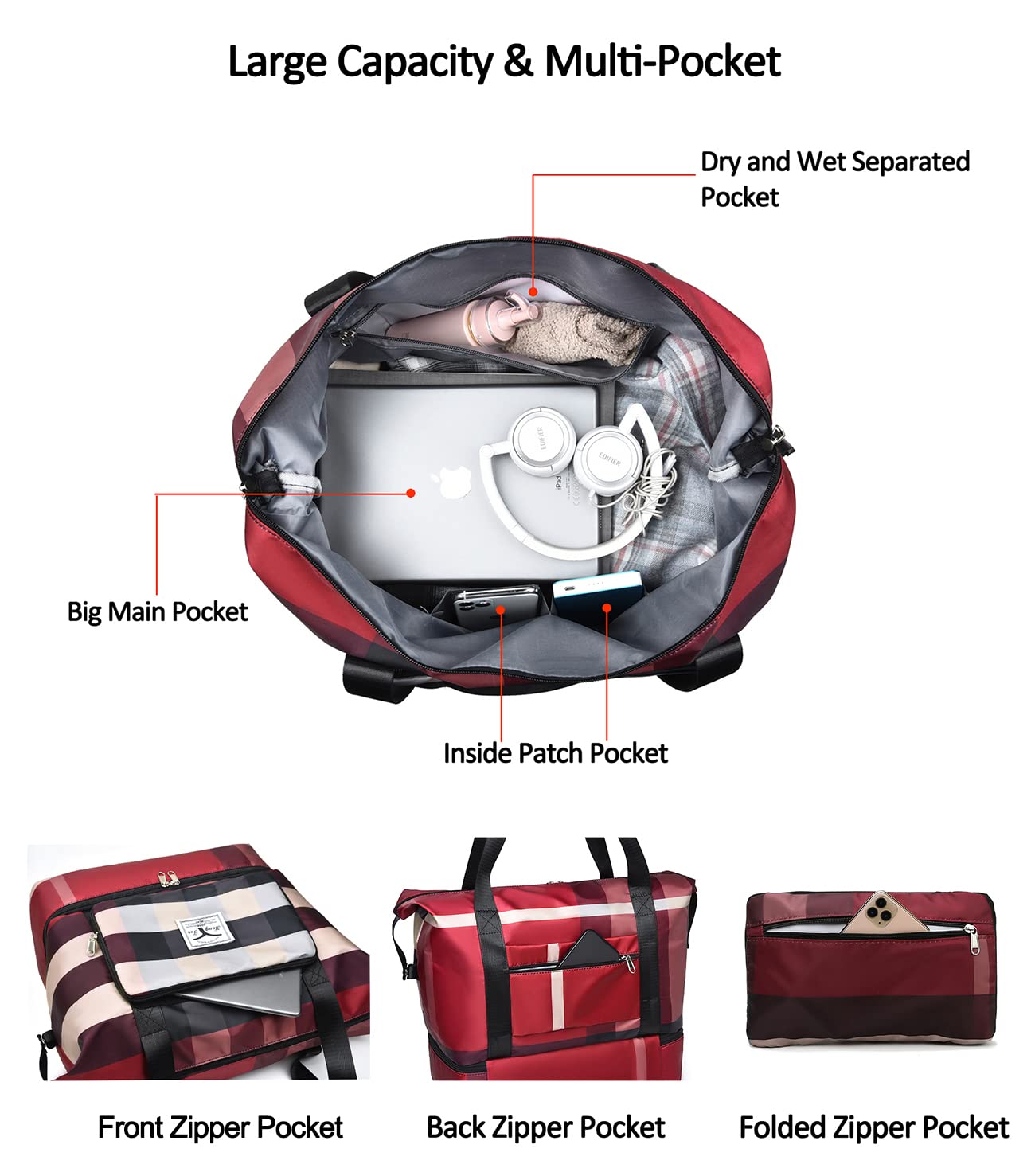 NWLR New Foldable Dry/Wet Separation Travel Duffel Bag with Shoe Compartment Large Capacity Folding Weekender Overnight Bag Lightweight Waterproof Gym Tote Bag (F-Khaki)