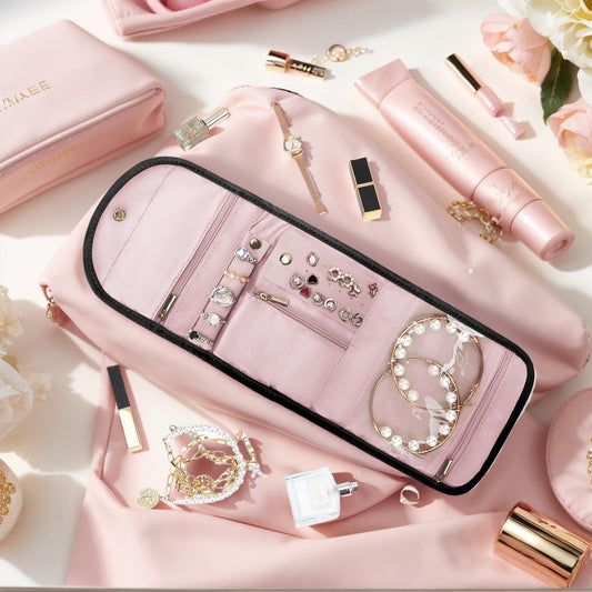 SUNRISING Travel Jewelry Organizer Case for Women, Foldable Jewelry Roll Pouch Bag with Portable Design for Journey Rings, Necklaces, Earrings, Bracelets, Mini - Black