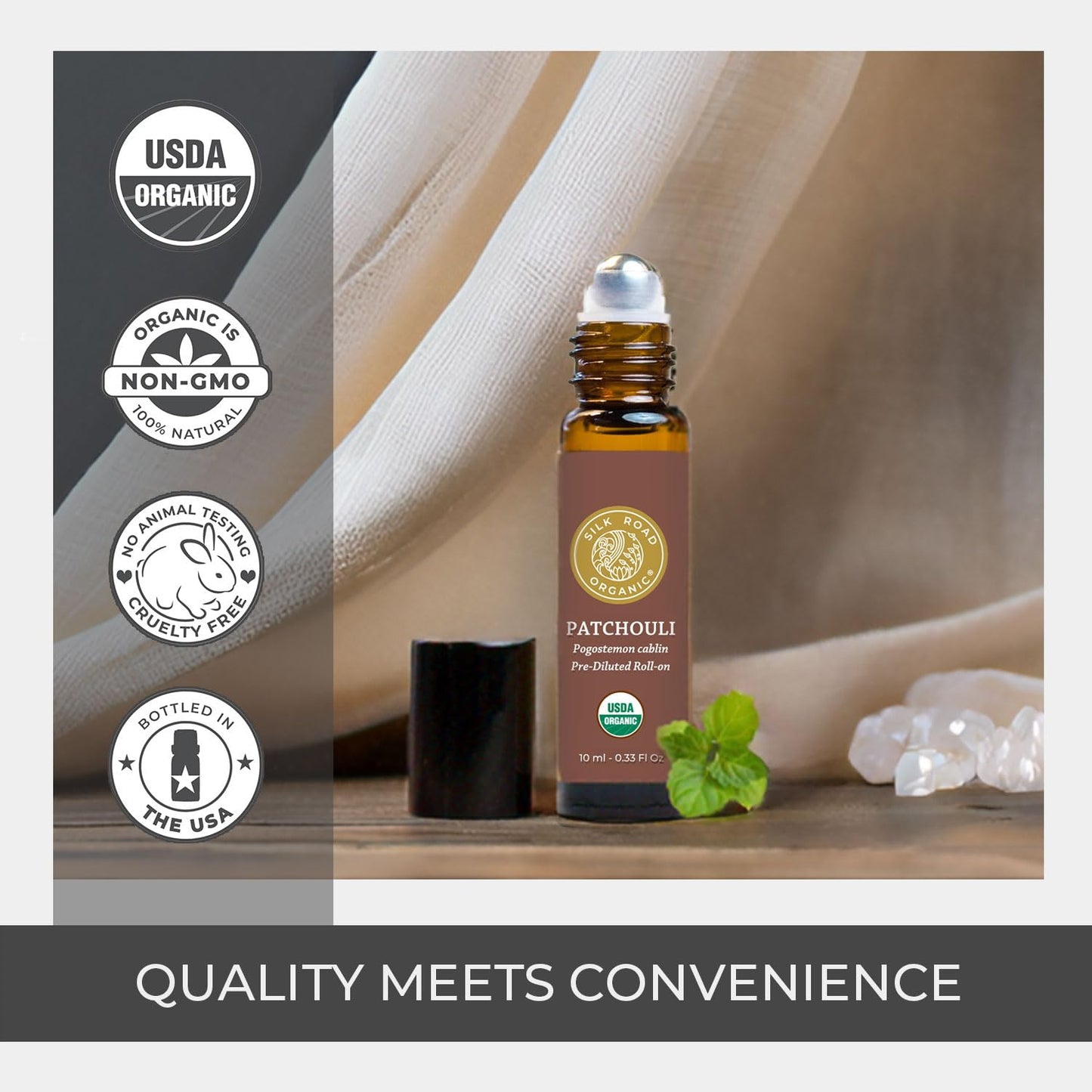 Silk Road Organic Patchouli Essential Oil Roll On, 100% Pure USDA Certified Aromatherapy - Uplift Mood, Enhance Attraction, Rejuvenate & Nourish Skin - 10 ml Roller