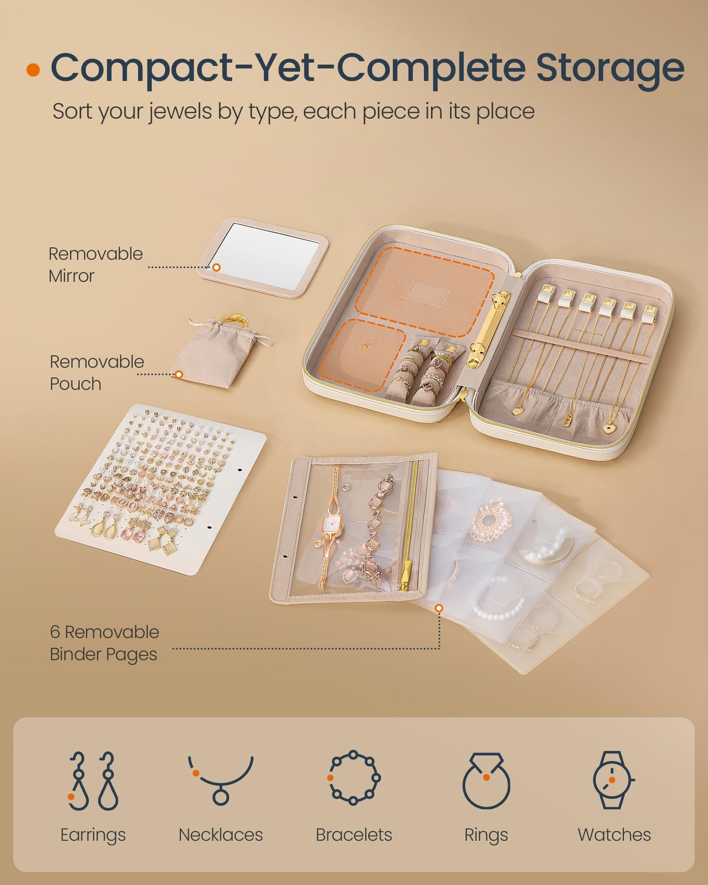 SONGMICS HOME Travel Jewelry Case, Jewelry Organizer Box with Mirror, Jewelry Pouch, Woven Embossed PU Leather, Hard Shell, Large Capacity, Gift Idea, Cloud White UJBC204W01