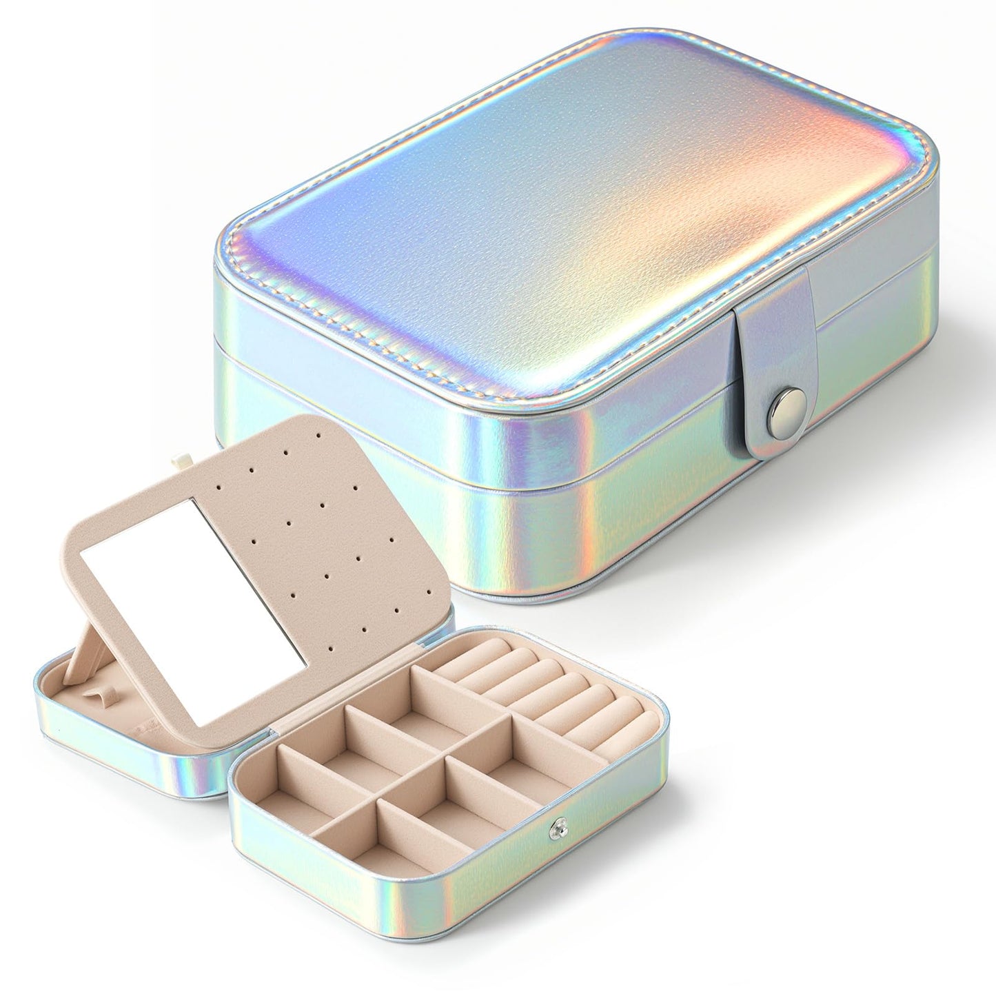 LAMU Travel Jewelry Box,Portable Jewelry Organizers and Stroage, Iridescent Rainbow Small Jewelry Case for Earrings Rings Necklaces,Travel Essentials for Women Girls Bridesmaid Gifts (Silver)