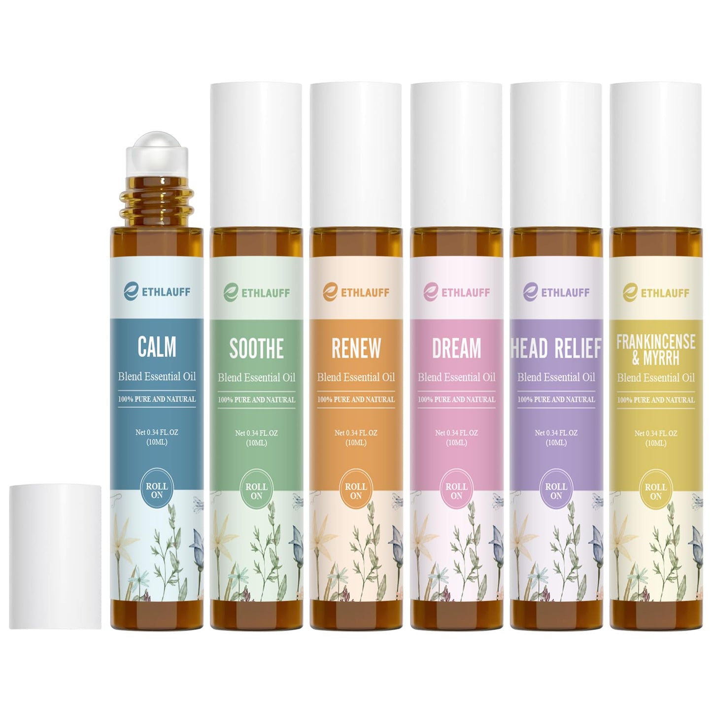 Ethlauff Essential Oil Roll On Set, (Calm,Renew,Dream,Head Relief), Aromatherapy Roll On Blends for Massage, Body Care & Home Use, Stress Relief Gift Men & Women