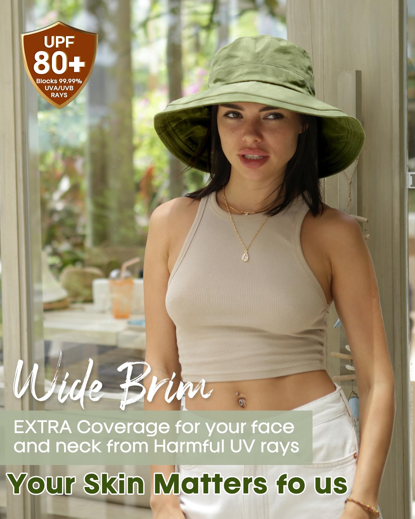 Sun Hats for Women Gardening Hat Wide Brim Ponytail Beach Sun Protection Breathable Cotton Summer Hat with Fold-Up Brim Green