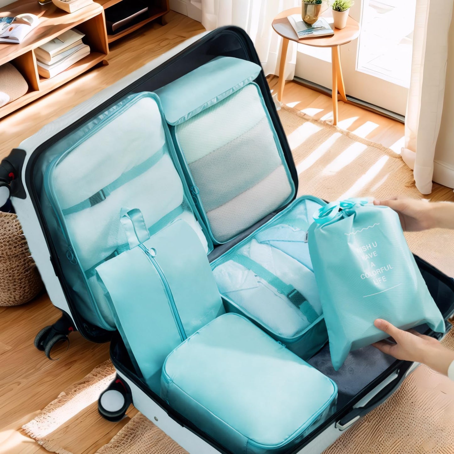 Packing Cubes - 10 Pieces Luggage Sets Waterproof Suitcase Organizer Mesh Packing Bags Clothes Shoes Cosmetics Toiletries Space Saver Storage Bags with Portable Bottles for Travel (Blue)