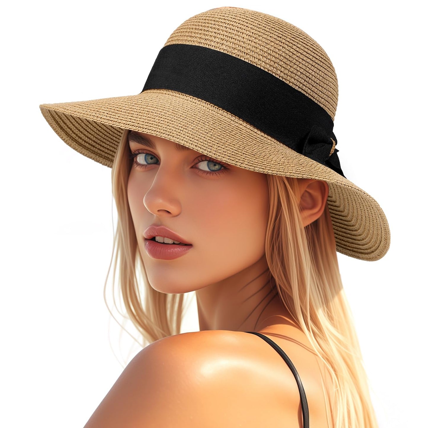 Beach Hats for Women - Wide Brim Sun Straw Hat for Women, UPF 50+ UV Sun Protection Sun Hat Womens, Floppy Sun Hat Foldable Roll up Cap, Khaki