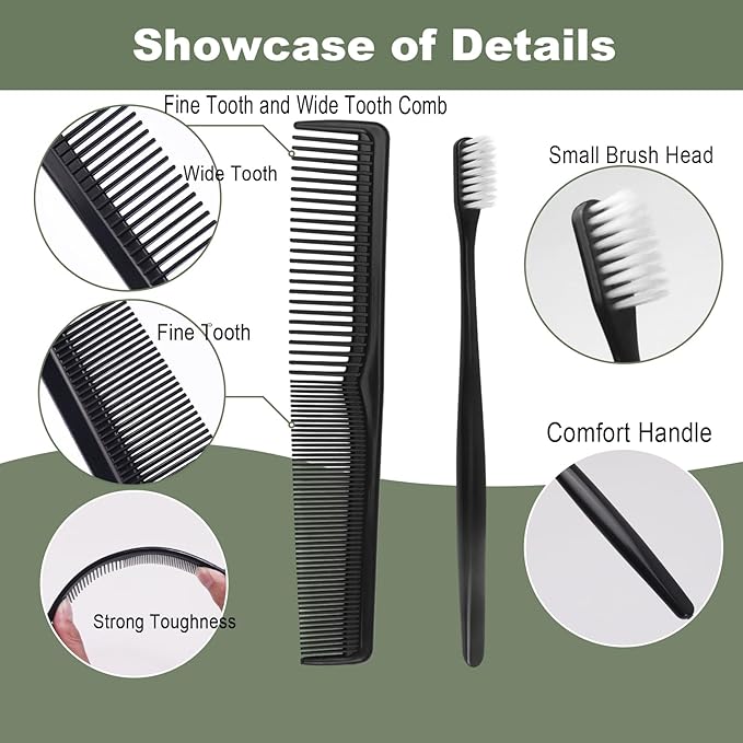 100 Pack Black Disposable Toothbrushes with Toothpaste and Comb Set,10g Toothpaste,7inch Hair Comb,Individually Wrapped Disposable Travel Toothbrushes Kit in Bulk for Homeless,Airbnb,Hotel,Shelter