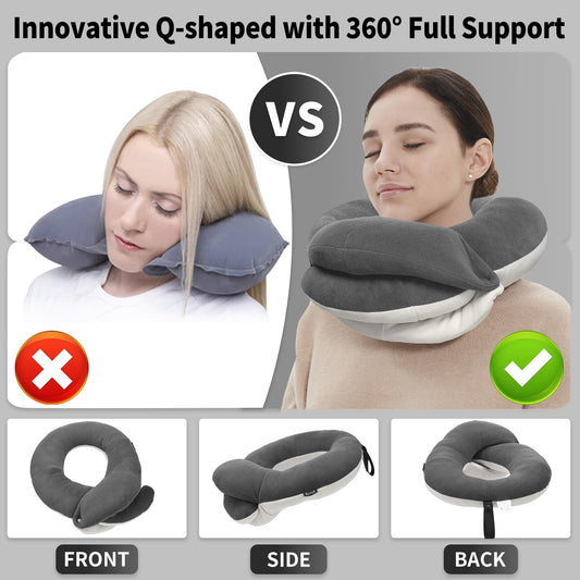 BUYUE Travel Neck Pillows for Airplanes, 360° Head Support Sleep for Long Flight, Skin-Friendly & Breathable, Kit with 3D Contoured Eye Mask, Earplugs and Storage Bag (Adult, Grey, 90+ lbs)