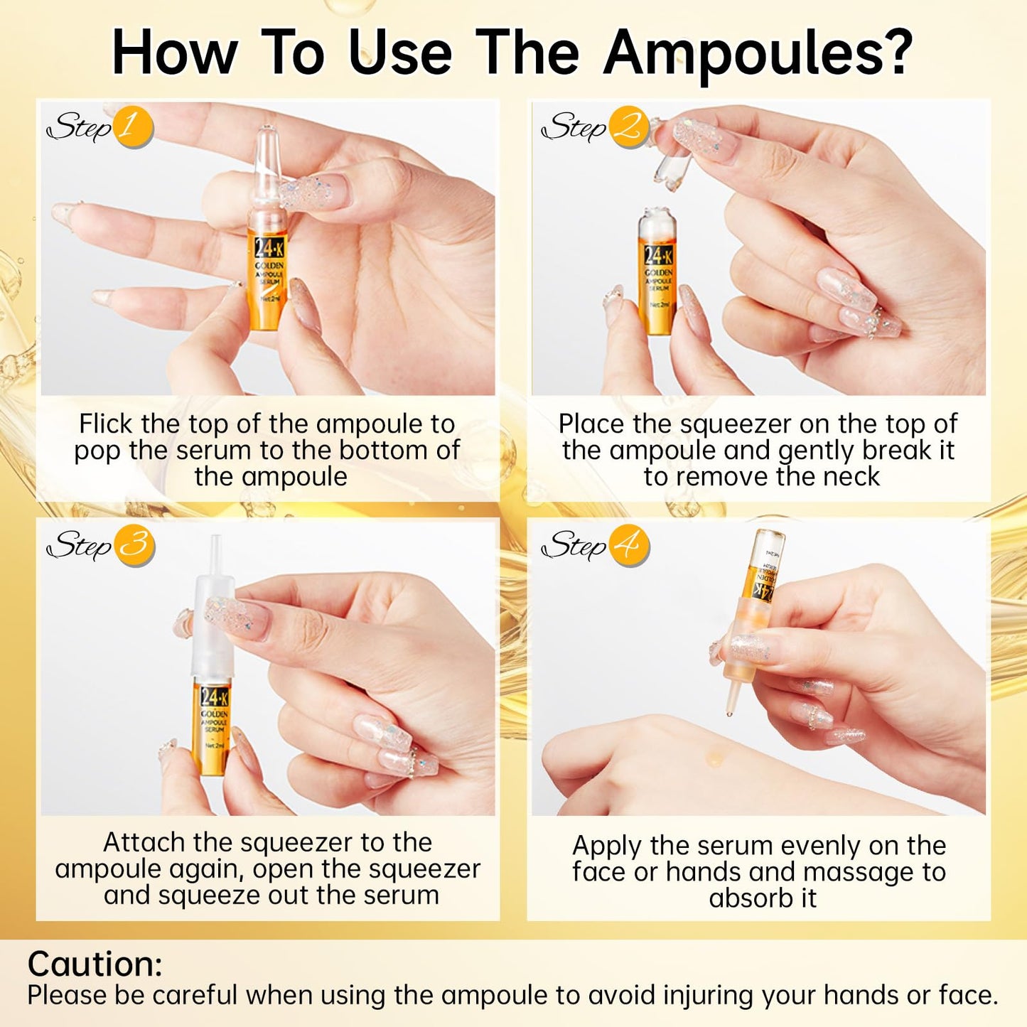 24K Gold Serum Ampoule, Anti Aging 24K Gold Serum for Face, Moisturizes & Soothes Skin, Boosts Firmness & Hydration, Golden Foil Particles Reduces Fine Lines, Wrinkles, Dryness, 3 Boxes of 21