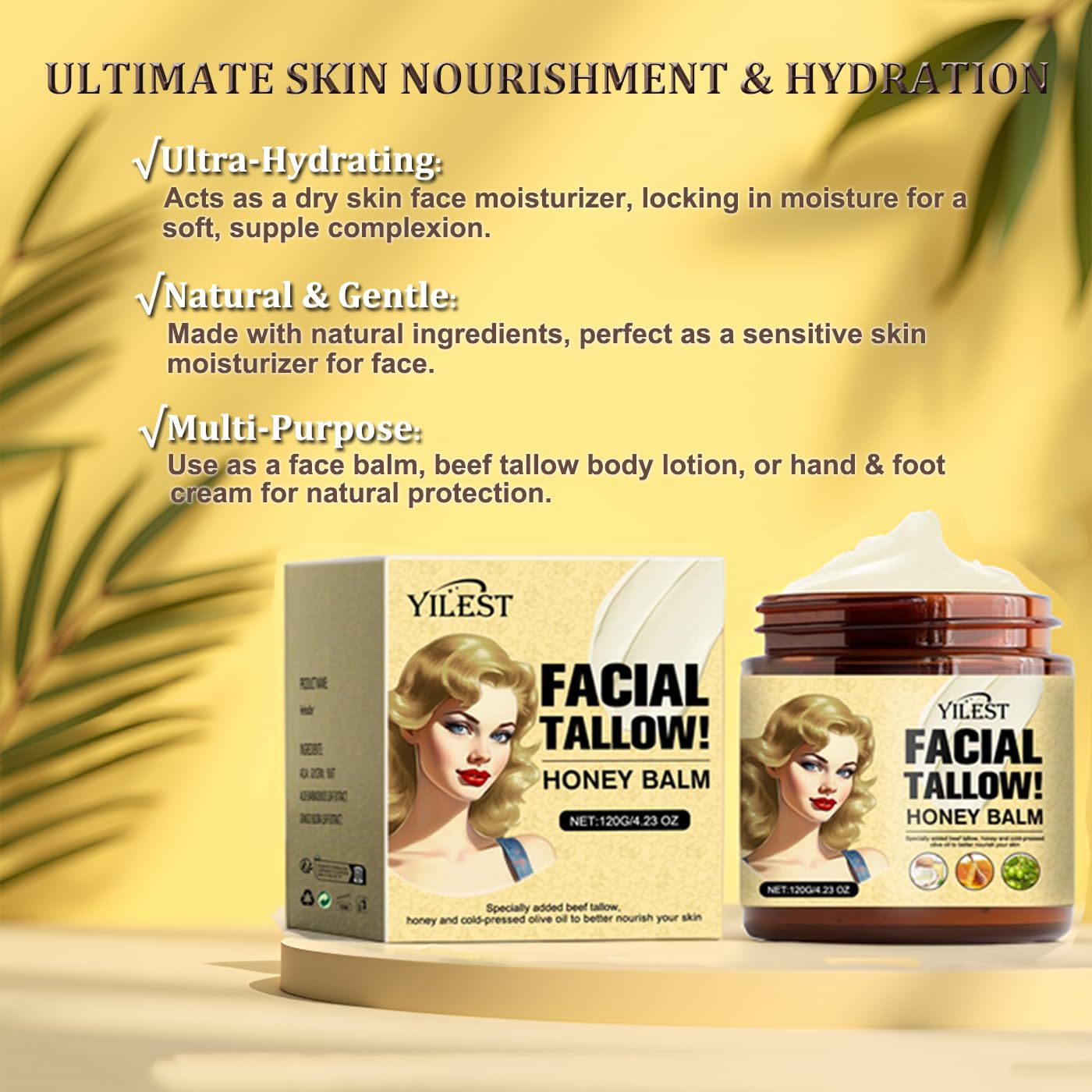 Vivipop Beef Tallow for Skin - Tallow and Honey Cream 4OZ, 2025 Natural Tallow Face Moisturizer for Cracked, Dry Skin, Organic Hydrating Deeply Moisturizing Beef Tallow Balm for Face & Body Skin Care