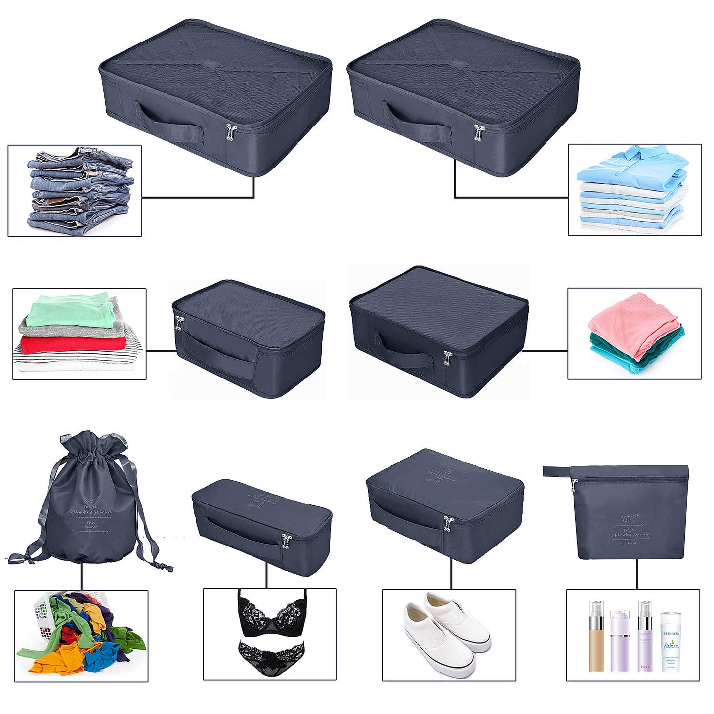 Packing Cubes 8 Sets Travel Luggage Organizers Include Waterproof Shoe Storage Bag Convenient Packing Pouches for Traveller (Navy blue)
