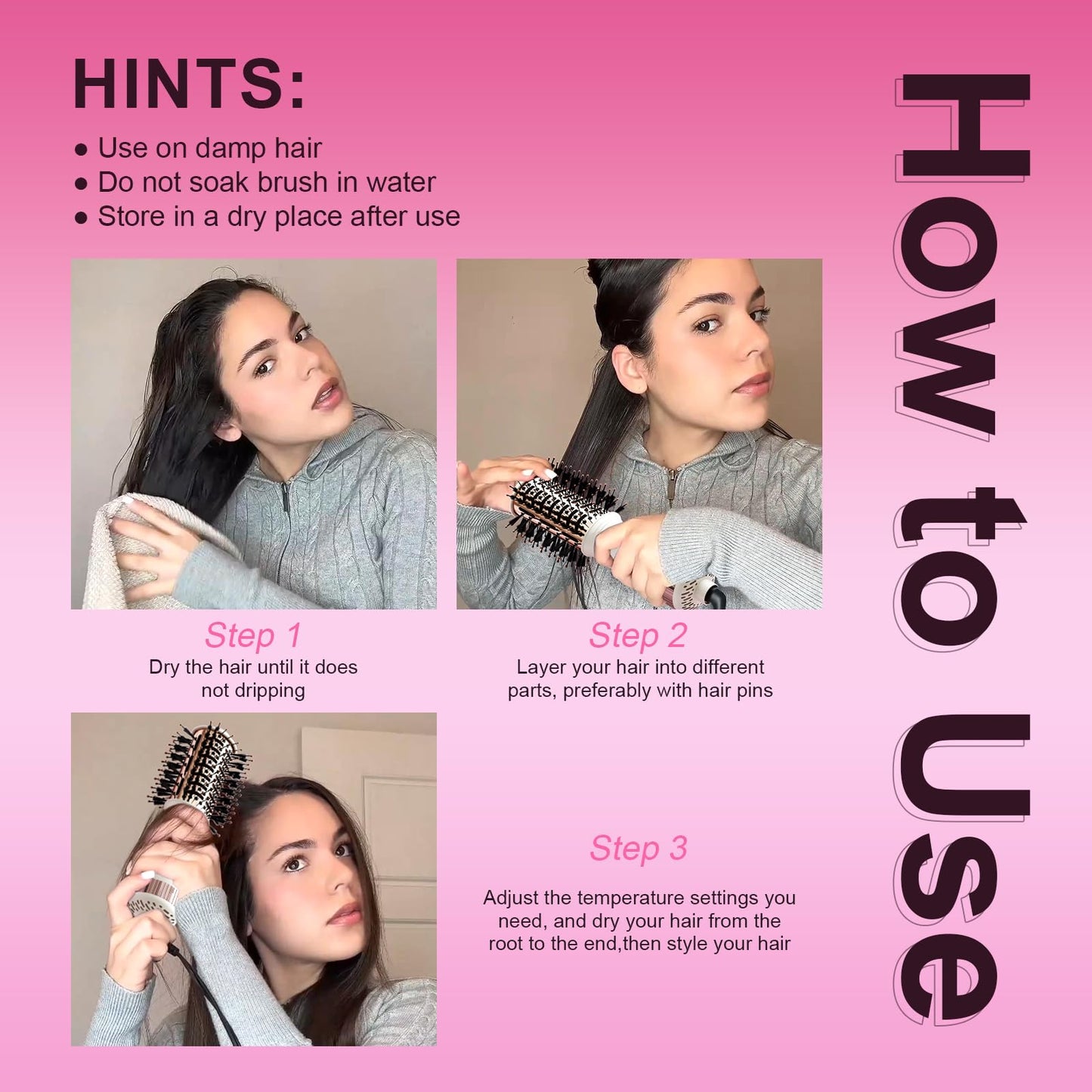 4-in-1 Travel Dual Voltage Hair Dryer Brush Blow Dryer Brush,Portable 2 inch Mini Hot Air Brush,Travel Hair Styler/Volumizer/Straightener/Curler,110-240V European Blow Dry Brush with EU&UK Plug