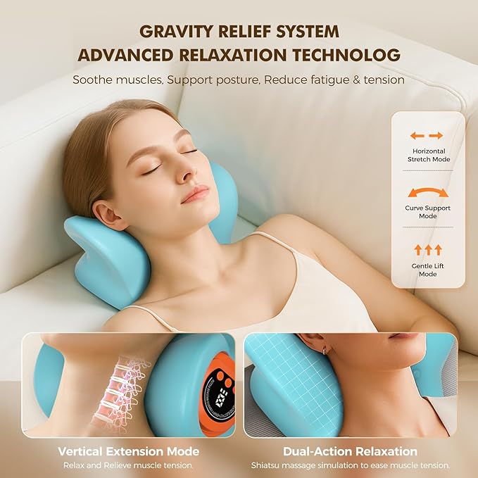 Neck Massager 2025 Portable Neck Traction Device, Cervical Stretcher with Heating & Vibration – Relieve Muscle Tension, 3-in-1neck pillow Customizable Massage Modes with Wireless Remote Control