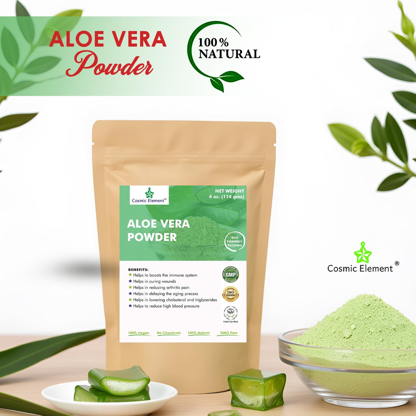 Cosmic Element Organic Aloe Vera Powder - 100% Pure Leaf Gel | Hydrating After Sun Care, Moisturizing for Face, Body & Skin | Ideal for Sun Burn, Acne, and Dry Skin - Aloe Vera Powder for Hair - 4 oz
