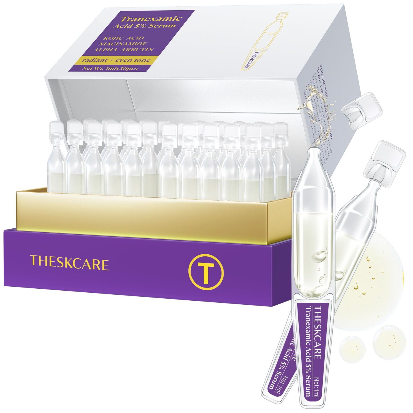 THESKCARE 5% Tranexamic Acid Serum for Face - Dark Spot Corrector for Melasma & Hyperpigmentation - Brightening Serum for Uneven Skin Tone - 30x1ml Single-Use Ampoules (30-Day Supply)
