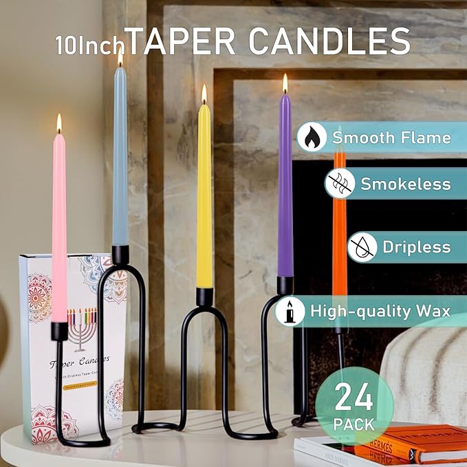 24 Pack 10" Tall Colored Taper Candles, Dripless Unscented Colorful Candlesticks for Birthdays Dinner Party Home Décor, Long Burning Spell Chime Candles for Meditation.