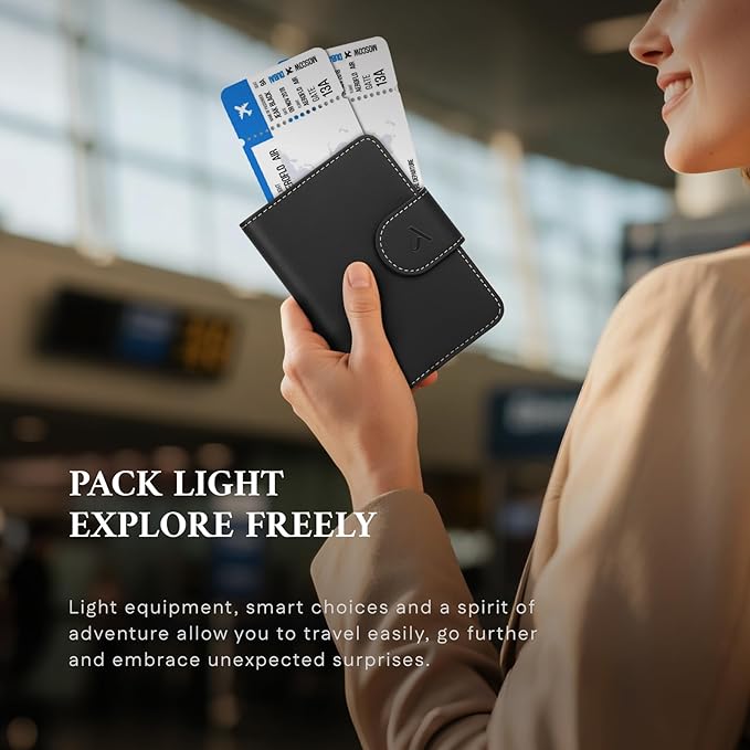 ALLIVE Passport Holder for Travel, Genuine Leather Passport Holder with AirTag Hidden Pocket, Rfid Blocking Passport Cover Travel Wallet for Women Men, Airport Essentials Gift (Black)