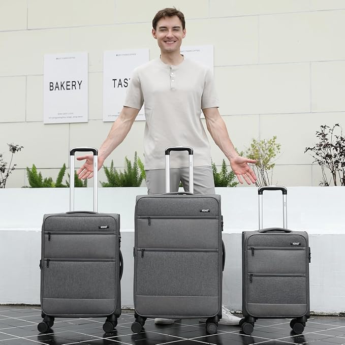 Kono 24 Inch Softside Expandable Checked Luggage with 8 Spinner Wheels TSA Lock Softshell Lightweight Business Travel Suitcase for Men and Women, Grey