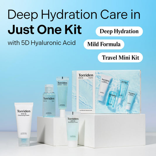 Torriden DIVE IN Trial Kit | Hyaluronic Acid Infused Daily Skincare Kit - 4 Step Regimen with Foam Cleanser, Facial Toner, Serum, and Cream | Korean Skin Care Travel Kit, Travel Essential