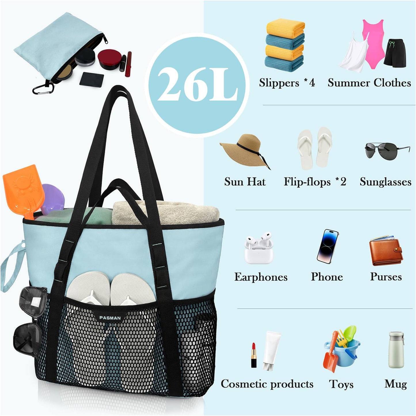 PASMAN Beach Bag with Zipper - 8 Pockets Sandproof Beach Tote Bag for Women,Foldable Lightweight Family Swim Bag Vacation (Light Blue)