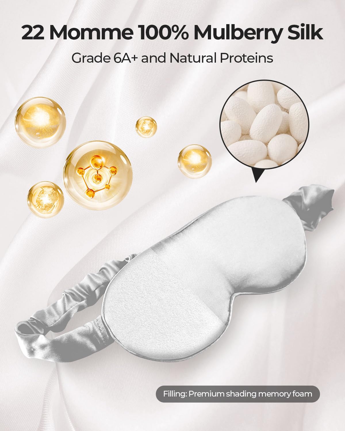 SGMSILK 100% Pure Mulberry Silk Sleep Mask, 3D Contoured Cup Eye Mask for Sleeping, 22 Momme Super Soft Breathable Blindfold, Adjustable Blackout Travel Silk Eye Cover Light Gray