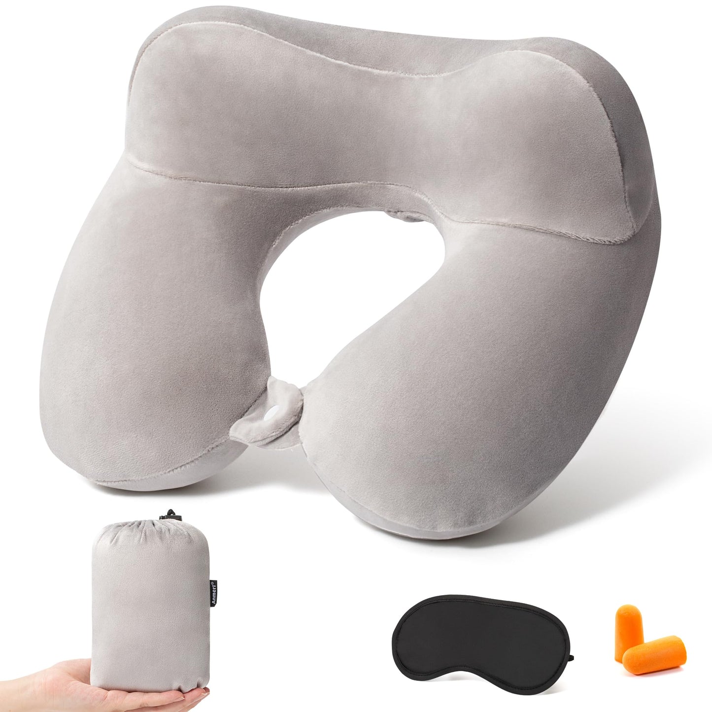 Anmerl Inflatable Travel Pillow Soft Velvet Portable Neck Pillow with Storage Bag for Airplane Train Car Office