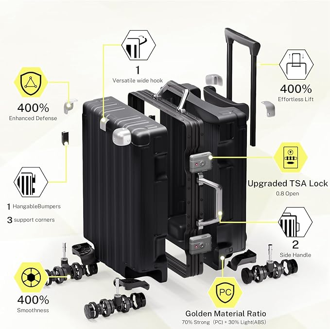 Krute Carry On Luggage 20 inch Aluminum Frame Suitcase with Spinner Wheels No Zipper Hardshell PC+ABS Luggages TSA Lock Zipperless Suitcases