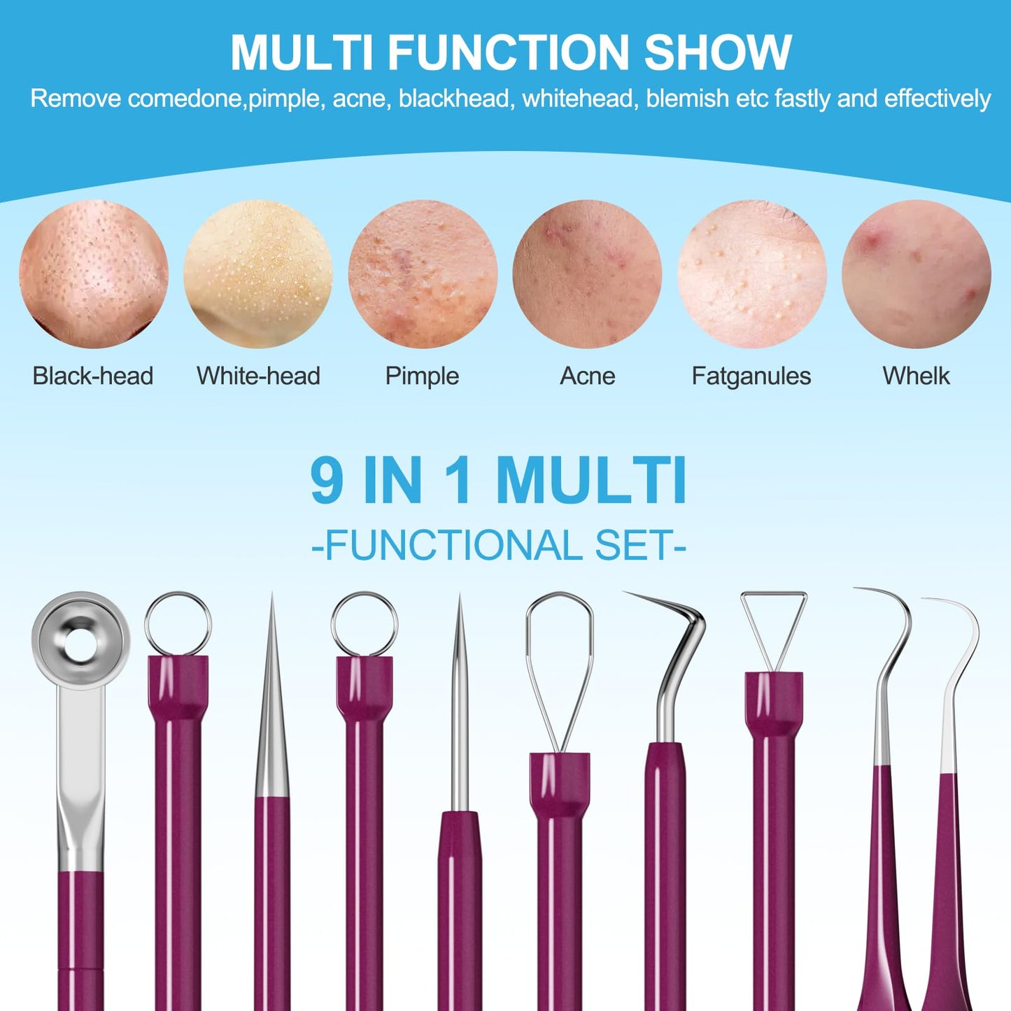 Blackhead Remover Tools, Face Scraper for Deep Cleaning, Pimple Popper Tool kit, Skin Scrubber Face Spatula, Skin Care Tool for Men and Women (Rose red)