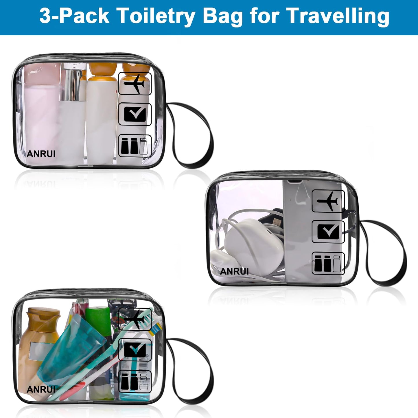 3pcs TSA-Approved Clear Travel Toiletry Bag With Handle Strap, ANRUI Airline Kit 3-1-1 Clear Liquids Toiletries & Cosmetics Organizer Carry-On Luggage for Women and Men - Black