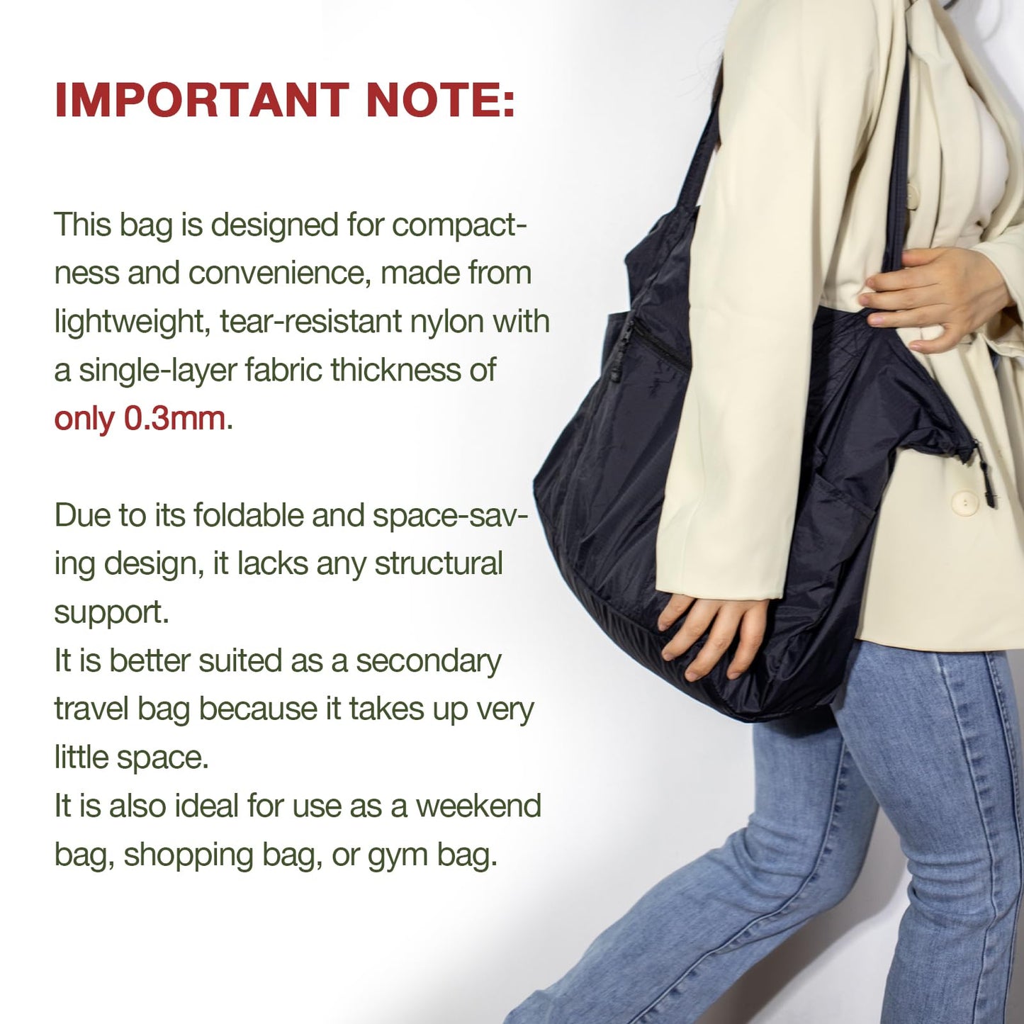 Fynarzel 0.03mm ultra-thin Foldable Lightweight Tote Bag Nylon for Travel Duffel,Polyester Packable Totes with Zipper, 23-28L Collapsible Compact Large for Women and Men,Black