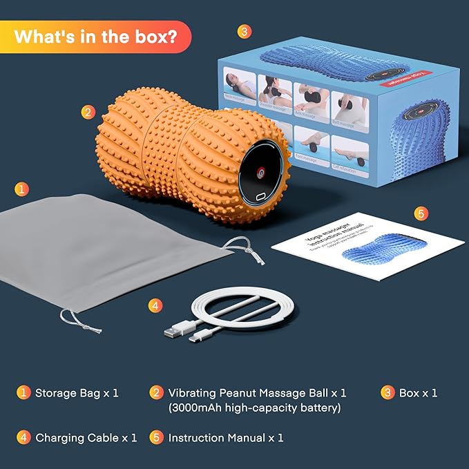 2 in 1 Vibrating Peanut Massage Ball with 6 Massaging Modes and Bluetooth Speaker, Rechargeable Vibrating Massage Yoga Roller Ball for Muscle Recovery, Orange