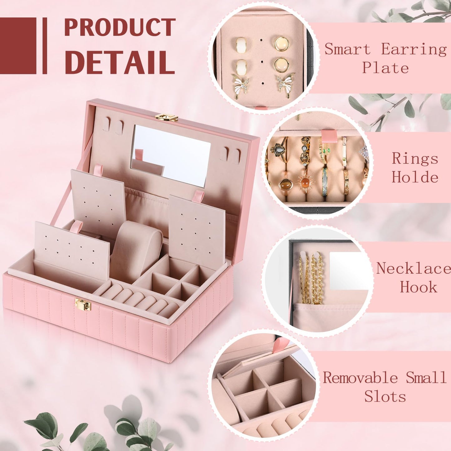 Emazerom PU Leather Travel Jewelry Case Twill Jewelry Organizer Box with Mirror 8.86 x 5.9 x 2.8 Inch Premium Portable Earrings Necklace Ring Storage Holder Display Gift (Pink)