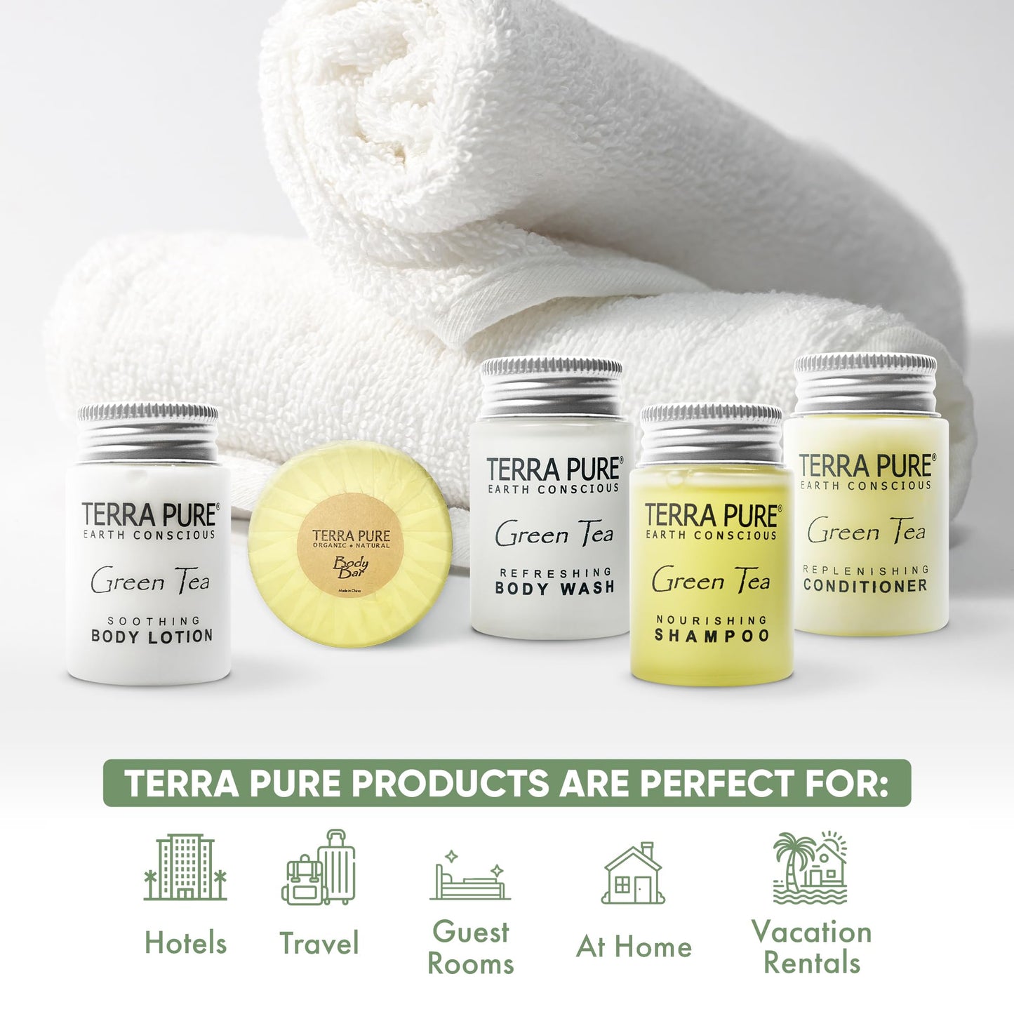 Terra Pure Hotel Soaps & Toiletries Bulk Set | 1-Shoppe Amenities Kit | 1oz Shampoo & Conditioner, Body Wash, Lotion, 1.25oz Bar Soap | Travel Size | 150 Pieces