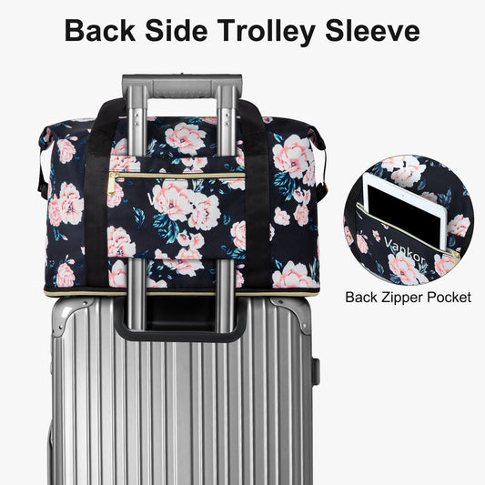 Vankor Expandable Travel Duffle Bag for Travel, Foldable Carry on Tote Bag Lightweight Weekender Overnight Hosptital Bag for Men Women Black Floral