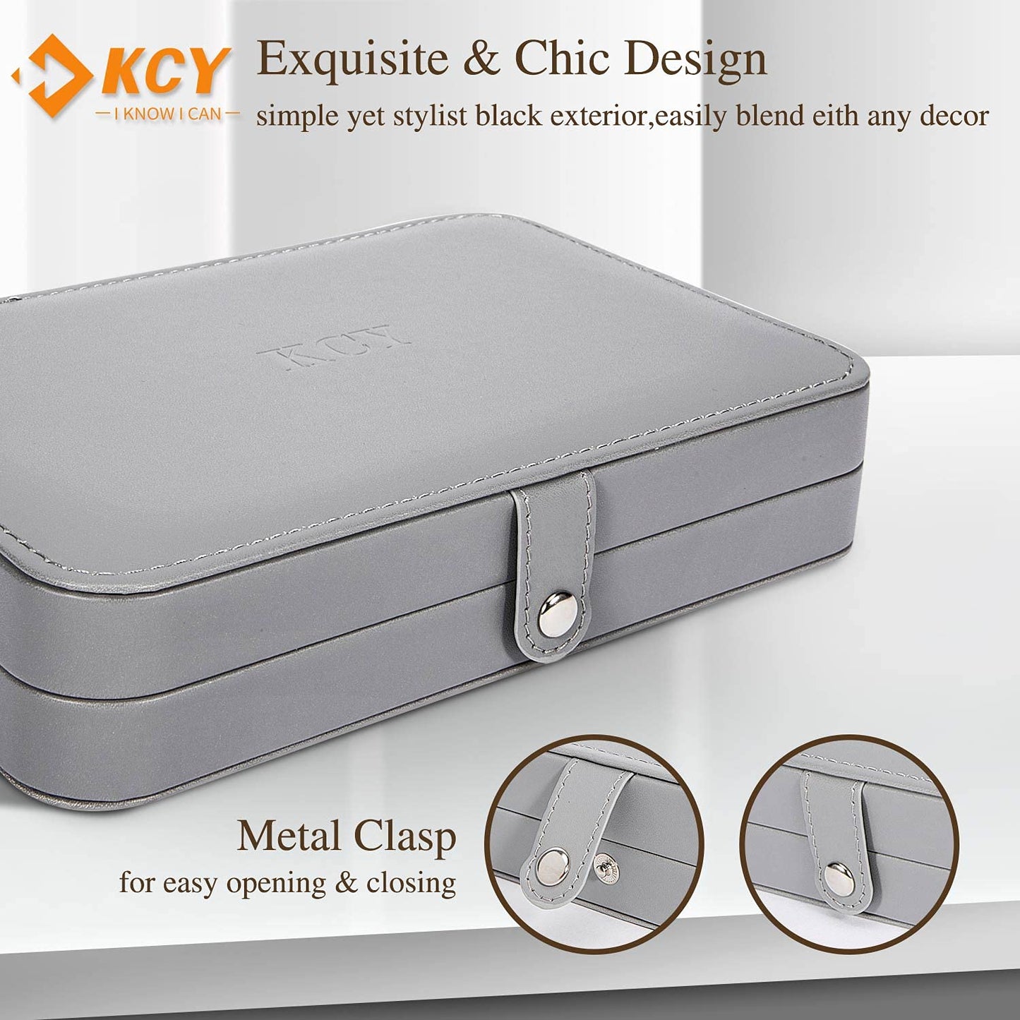 KCY Travel Jewelry Organizer Box for Women Girls, Small Travel Jewelry Case, PU Leather Portable Jewellery Storage Boxes Display Holder for Ring Earrings Necklace Bracelet Bangle, Gifts,Grey