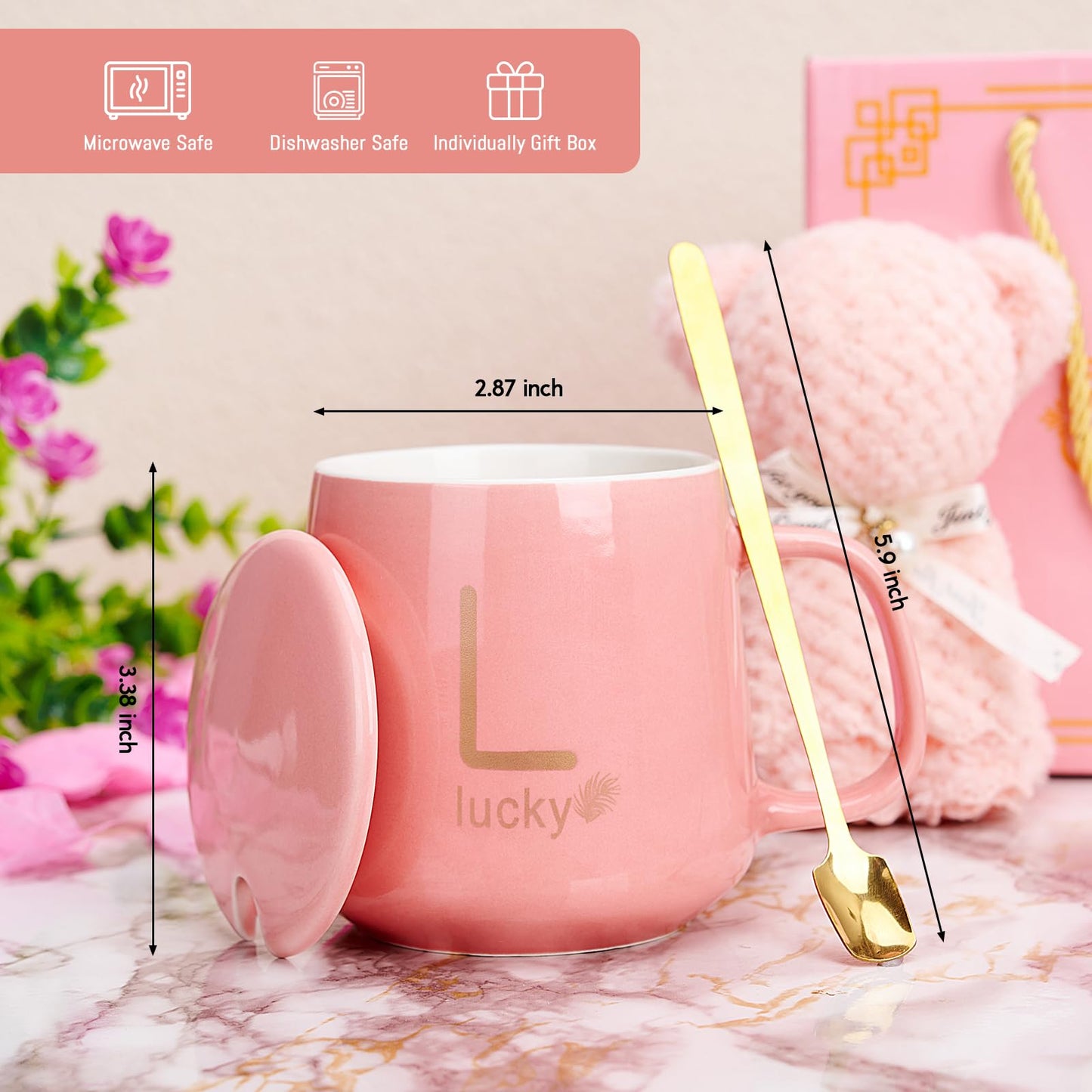 ISHINE Ceramic Coffee Mug and Bear Gift Set, 11oz Bride Newlywed Anniversary Honeymoon Wedding Christmas Birthday Gifts for Best Friend Sister (Pink)