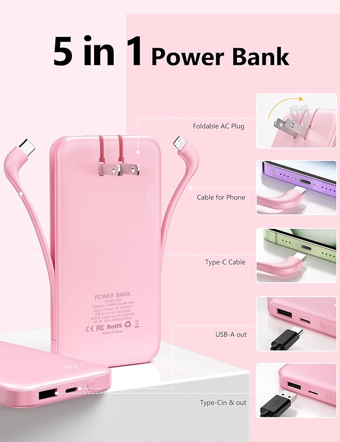 Alongza Portable Charger Built-in Cables and AC Wall Plug, Slim Fast Charging Power Bank 10000mAh, Lightweight USB C External Battery Pack Compact Travel Cell Phone Charger