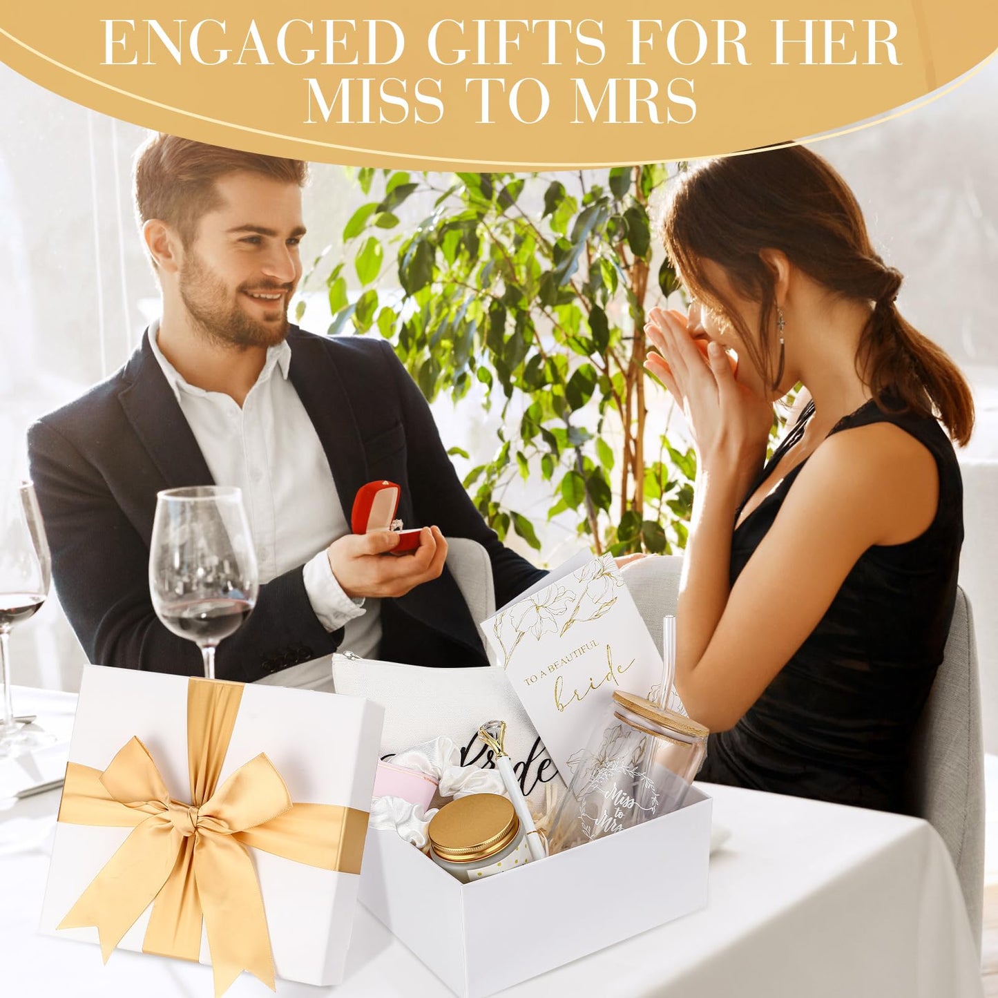 7 Pcs Bride Gifts Bridal Shower Gift Including Mrs Can Shaped Drinking Glass with Straw Bride Makeup Bag Crystal Pen Scented Candle Scrunchies Raffia Wedding Card Gift Box for Bridal Shower (White)