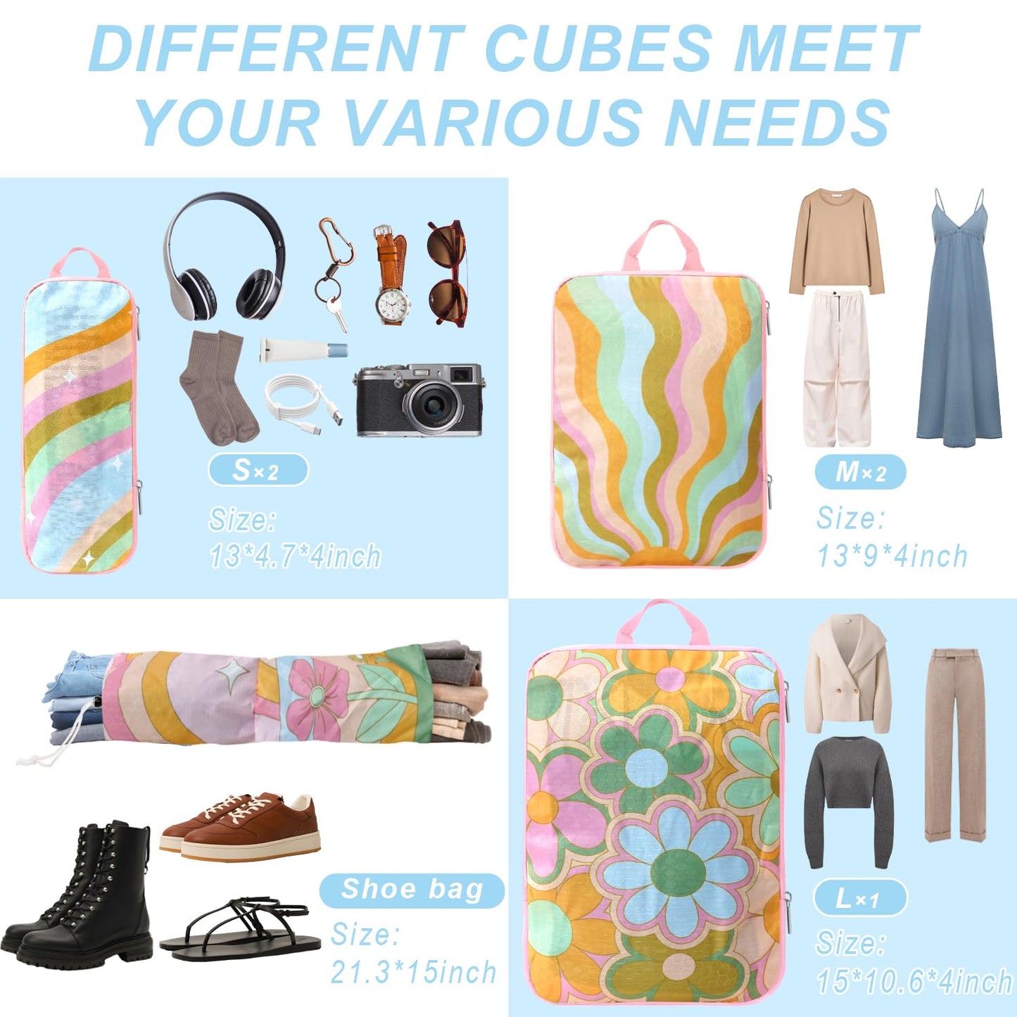 7 Piece Compression Packing Cubes Set - Boho Rainbow Flowers Ultra-Lightweight Travel Organizers with Reinforced Zippers for Luggage & Suitcases Compression Set (Durable Travel Accessories)