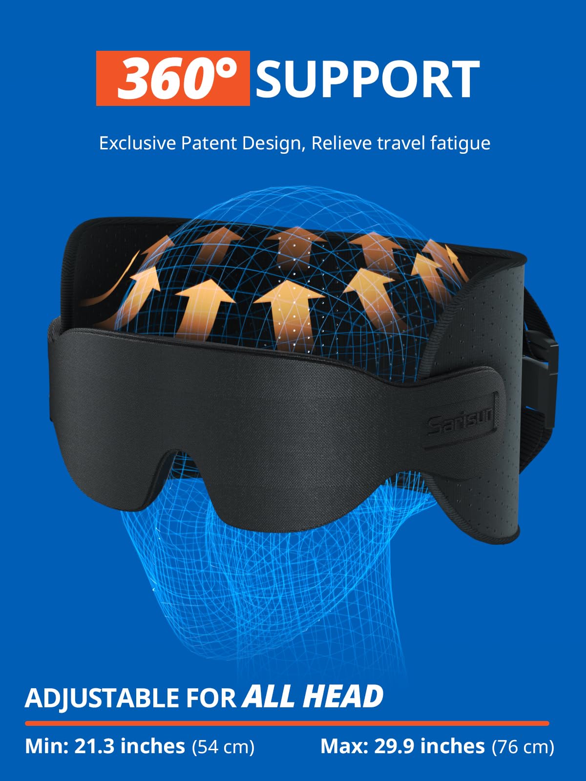 SARISUN Travel Pillow for Airplanes, Ultra-Thin Breathable Airplane Pillow Alternative, Airplane Head Strap with 3D Sleep Eye Mask, 360° Support for Long Flight, Work for Seats with Headrest, Black