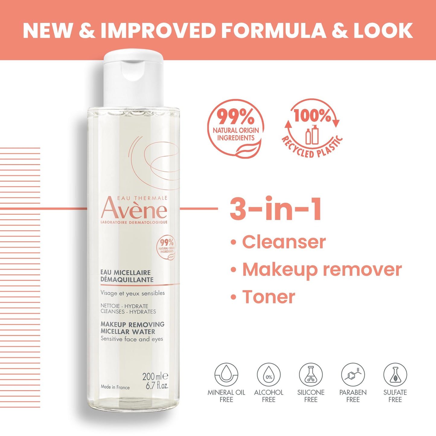 Avène Micellar Lotion Cleansing Water - Soap-Free 3-in-1 Cleanser, Toner, Make-up Remover - All Skin Types - Non-Comedogenic - 6.7 Fl Oz