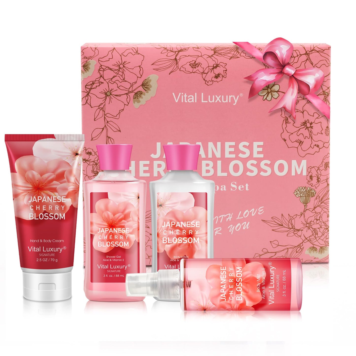Bath and Body Care Gift Set for Women and Girls, Personal Self-Body Care Travel Set, Japanese Cherry Blossom Spa Home Set with Natural Extracts, 4 Pack - Shower Gel, Body Lotion, Body Mist, Hand Cream
