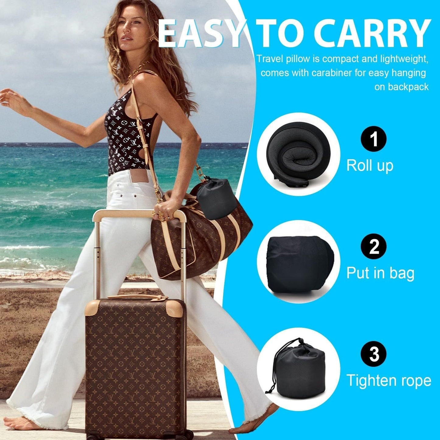 Travel Neck Pillow for Airplanes – 100% Memory Foam, 360° Head Support, Breathable & Washable Cover, Compact for Travel, Car & Flights