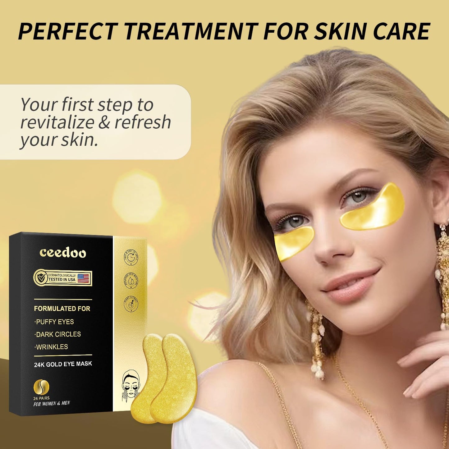 ceedoo Under Eye Patches - 24 Pairs Gold Under Eye Mask for Puffy Eyes, Dark Circles, Eye Bags, Wrinkles, Collagen Eye Gels with Rejuvenating Treatment, Gifts for Women