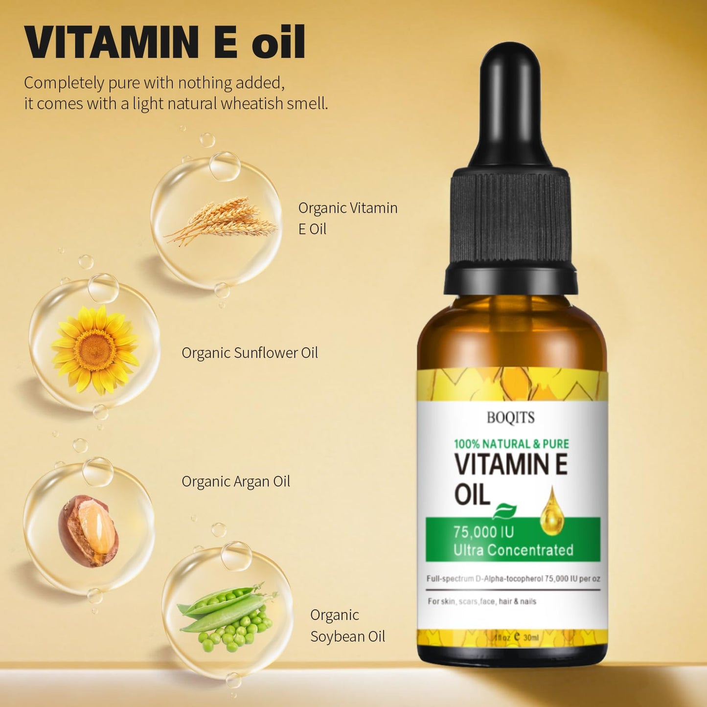 Vitamin E Oil Blend 75,000 IU, Pure Vitamin E Oil for Skin, Face and Scars, Body Bath Oils Moisturizing Dry Skin, Easy to Absorb (1 Pack)