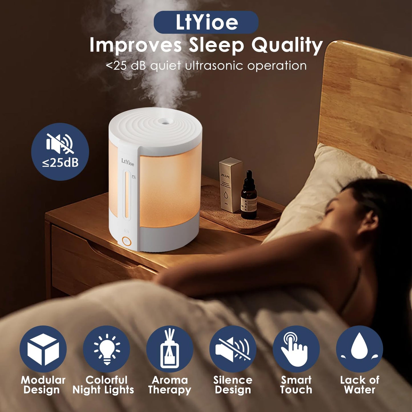 LtYioe Colorful Top Fill Humidifiers for Office, Bedroom,etc. Essential Oil Diffuser 2.5L Tank,Touch Button, Easy to Fill & Clean, Colorful night light, Auto Shut-Off, 3 Mist Modes, Super Quiet, 16H.