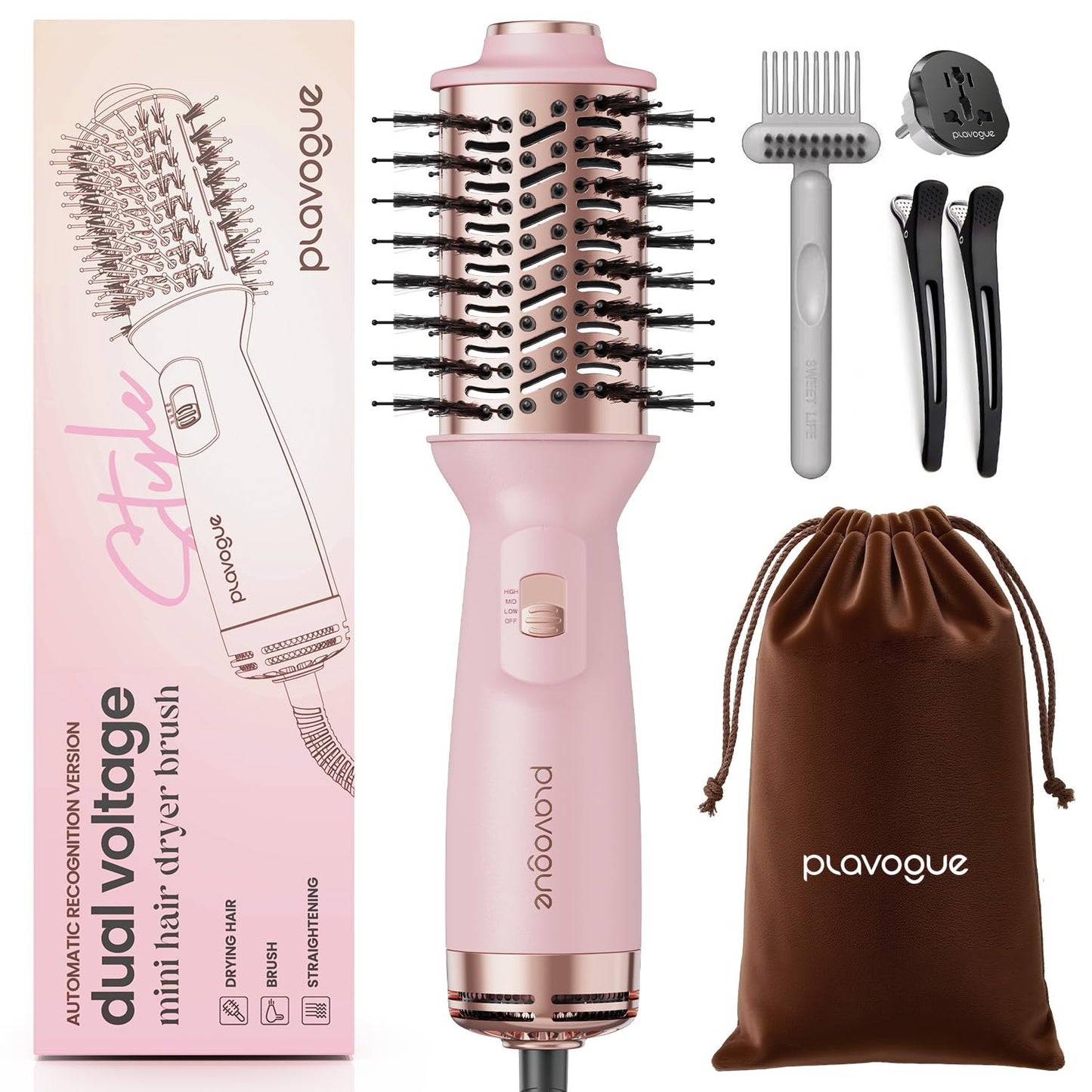 PLAVOGUE Mini Dual Voltage Hair Dryer Brush, 1000 Watts Travel Hot Air Brush with European Plug,Ionic One Step Blow Dryer and Styling Brush with Ceramic Coating for Women for Home & Salon