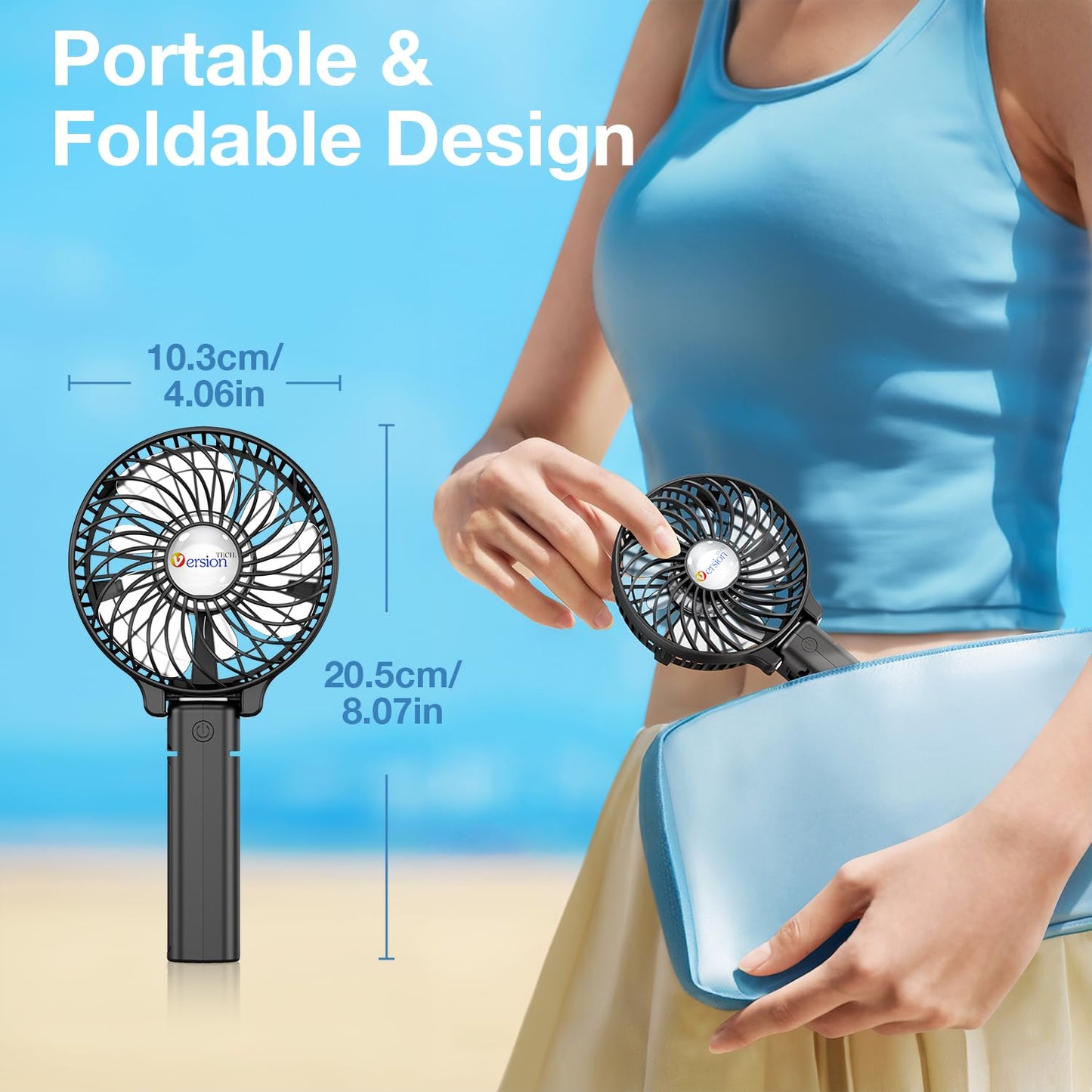 VersionTECH. Portable Handheld Fan, Powerful+Durable+4000mAh+180° Foldable, Mini Table Fans with USB Rechargeable Battery Operated Cooling Accessories for Personal Use, Travel, Office Black