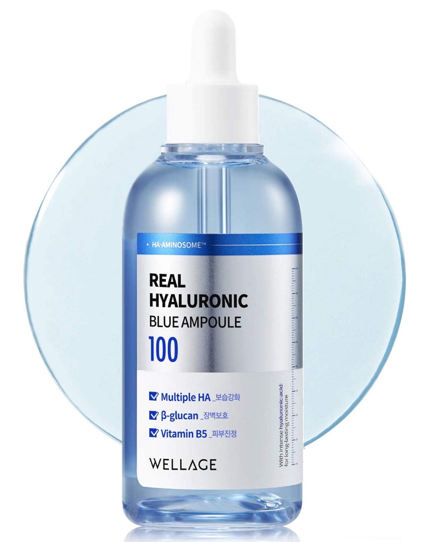 WELLAGE Real Hyaluronic Blue Ampoule 100, Korean Serum, Fragrance Free Hyaluronic Acid Ampoule with Panthenol, Wild yam, Centella for Sensitive Dry Skin Moisturizer 2.54 fl.oz